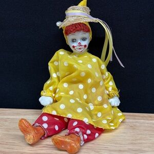 VTG Colorful Clown Doll with Yellow and Red Polka Dot Outfit 7”